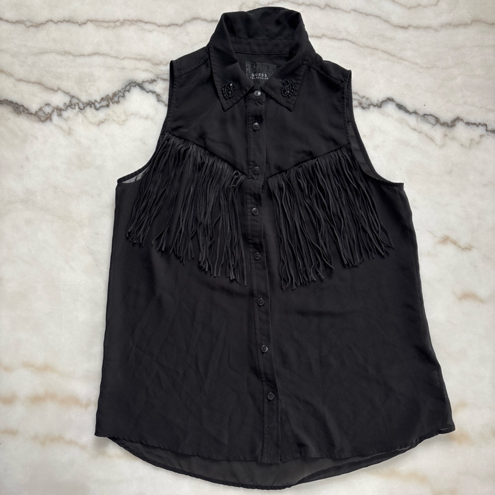 GUESS Black Fringe Western Sleeveless Shirt Blouse Embellished Collar SizeMedium